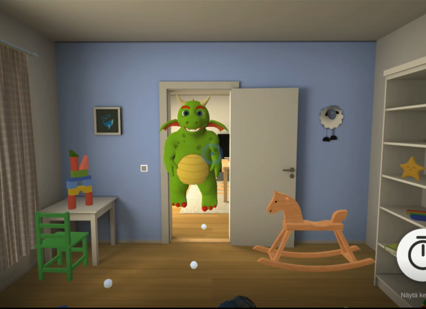 Video game image of a friendly monster in a child's playroom
